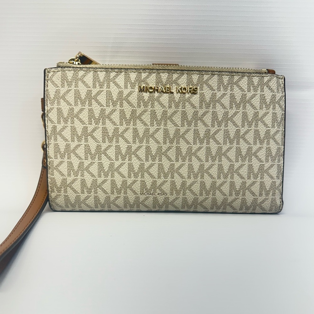 Michael Kors Jet Set Travel Large Double Zip Phone Wallet Wristlet MK Cream